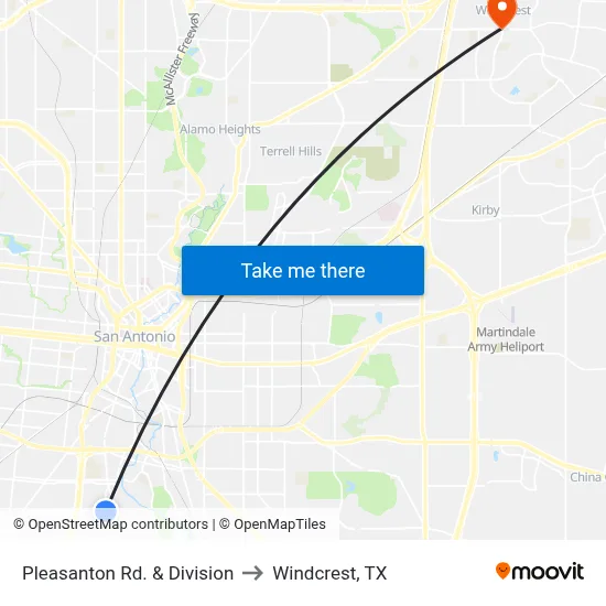 Pleasanton Rd. & Division to Windcrest, TX map