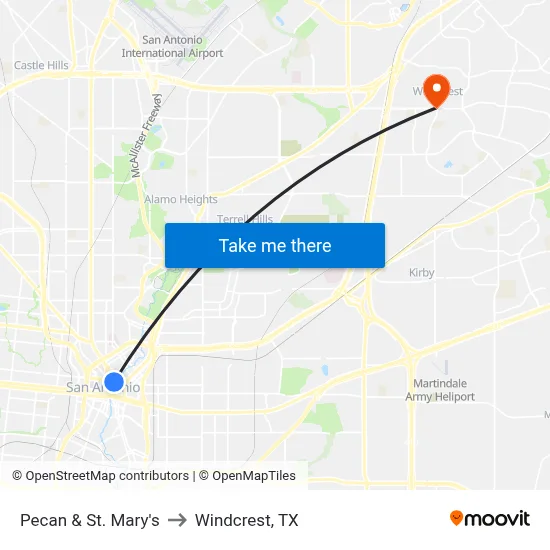 Pecan & St. Mary's to Windcrest, TX map