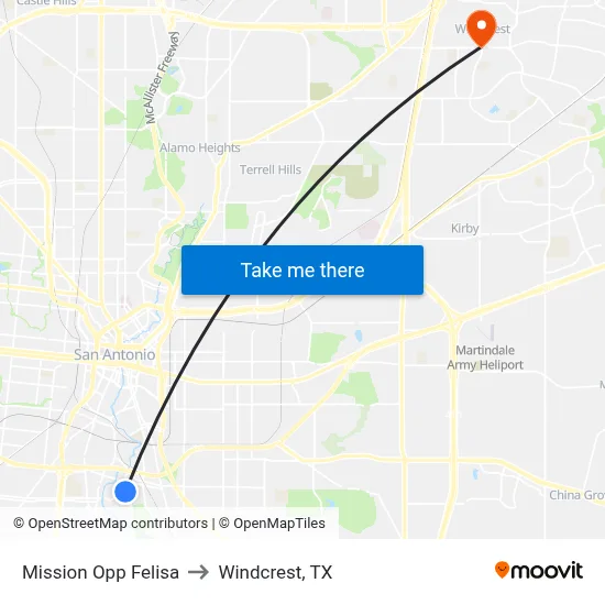 Mission Opp Felisa to Windcrest, TX map