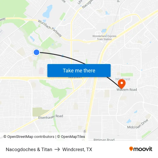 Nacogdoches & Titan to Windcrest, TX map