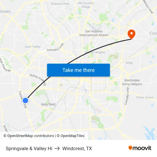 Springvale & Valley Hi to Windcrest, TX map