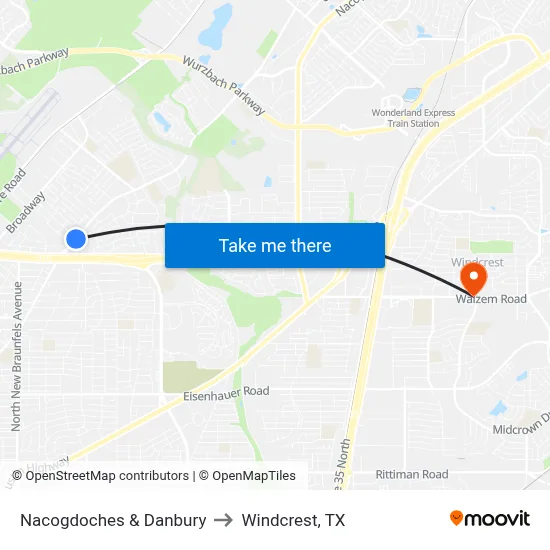 Nacogdoches & Danbury to Windcrest, TX map