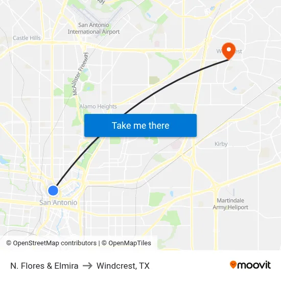 N. Flores & Elmira to Windcrest, TX map