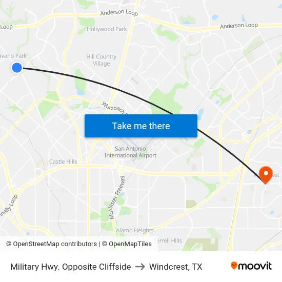Military Hwy. Opposite Cliffside to Windcrest, TX map