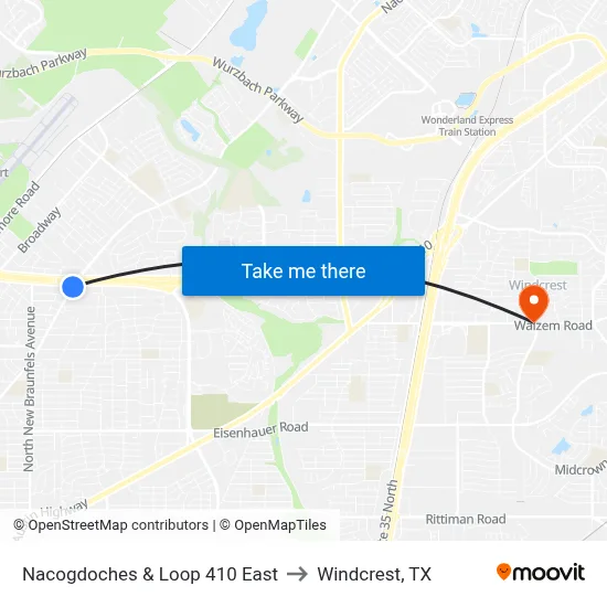 Nacogdoches & Loop 410 East to Windcrest, TX map