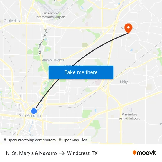 N. St. Mary's & Navarro to Windcrest, TX map