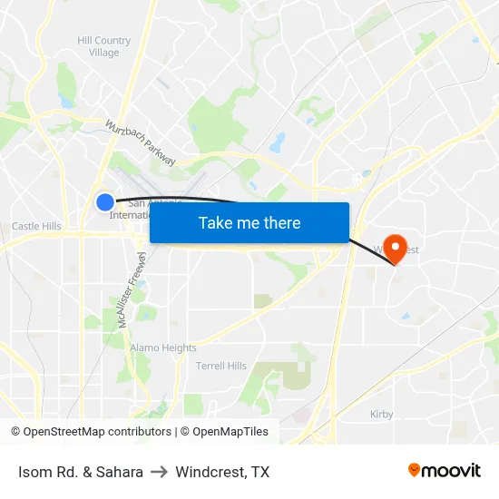 Isom Rd. & Sahara to Windcrest, TX map