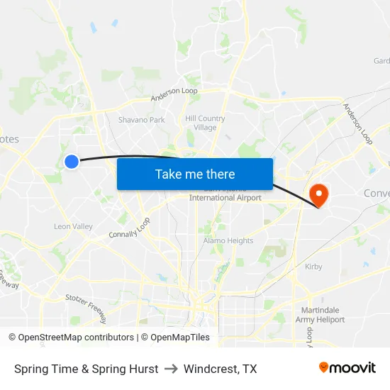 Spring Time & Spring Hurst to Windcrest, TX map