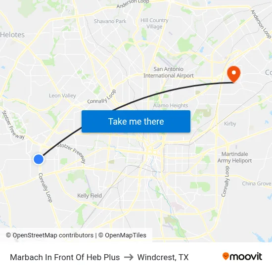 Marbach In Front Of Heb Plus to Windcrest, TX map