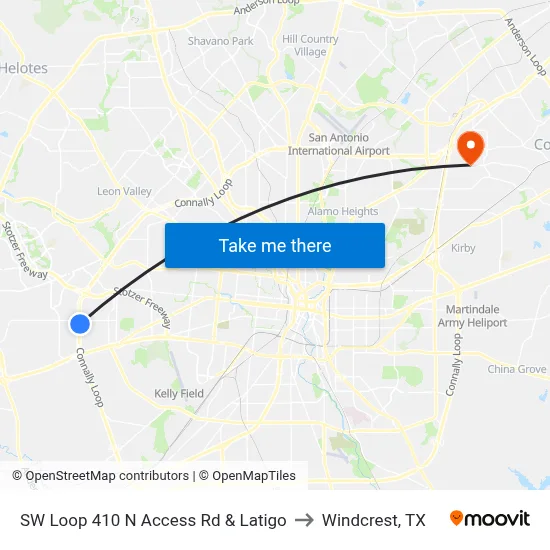 SW Loop 410 N Access Rd & Latigo to Windcrest, TX map
