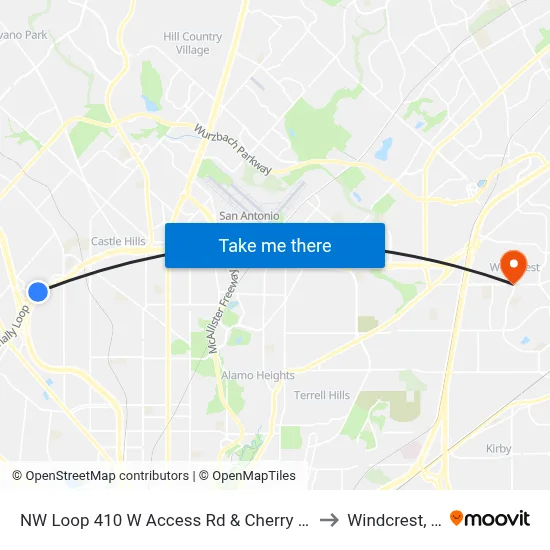 NW Loop 410 W Access Rd & Cherry Ridge to Windcrest, TX map