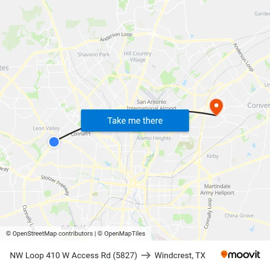 NW Loop 410 W Access Rd (5827) to Windcrest, TX map