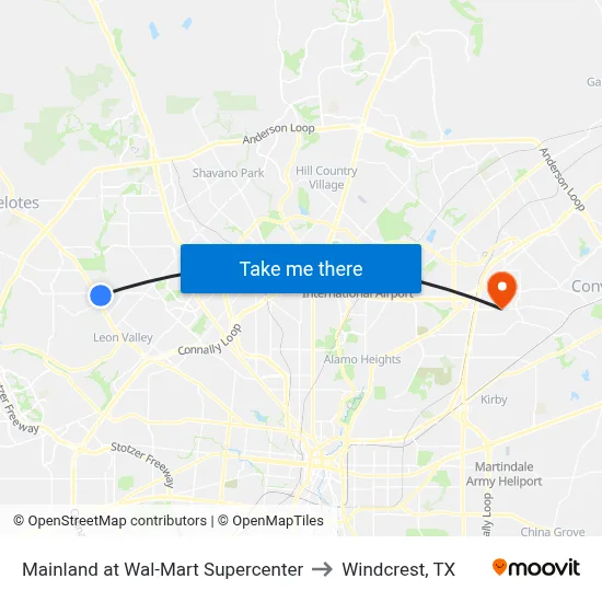 Mainland at Wal-Mart Supercenter to Windcrest, TX map