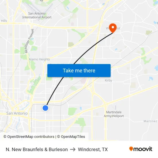 N. New Braunfels & Burleson to Windcrest, TX map