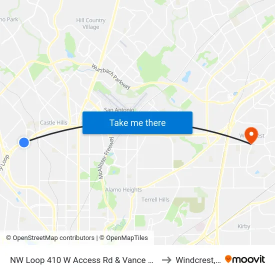 NW Loop 410 W Access Rd & Vance Jackson to Windcrest, TX map