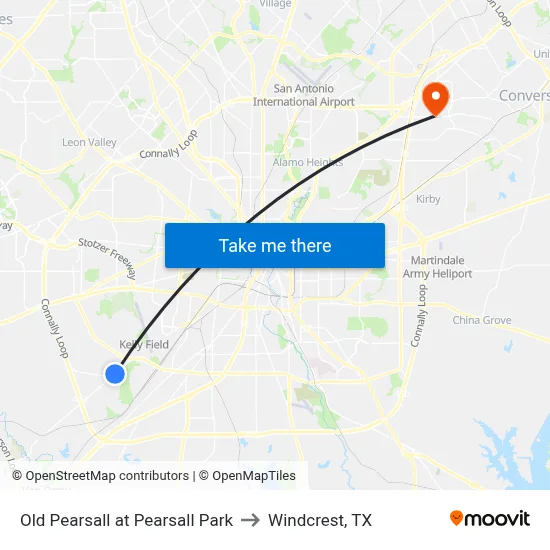 Old Pearsall at Pearsall Park to Windcrest, TX map