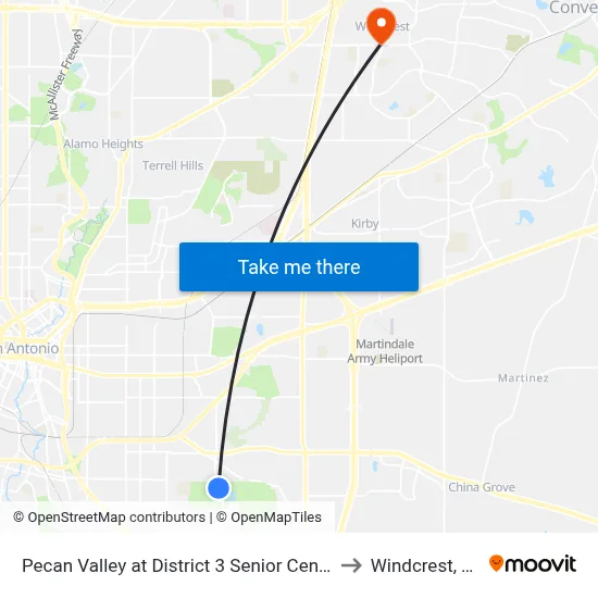 Pecan Valley at District 3 Senior Center to Windcrest, TX map