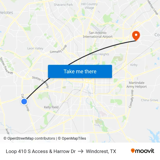 Loop 410 S Access & Harrow Dr to Windcrest, TX map