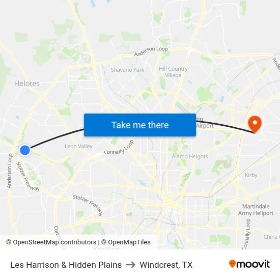 Les Harrison & Hidden Plains to Windcrest, TX map