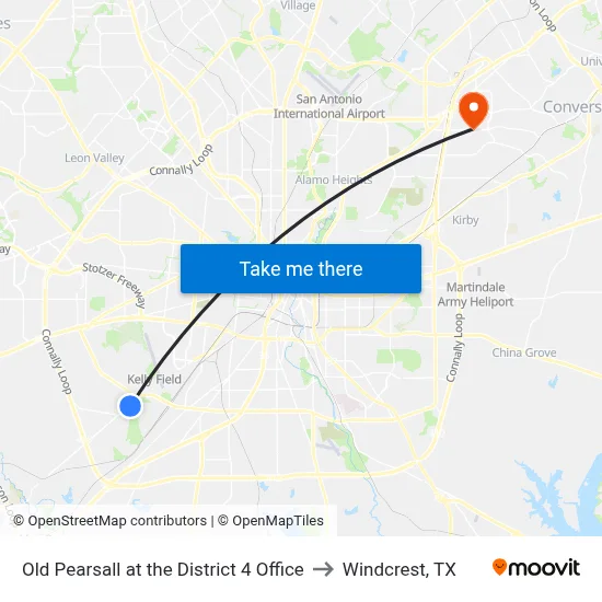 Old Pearsall at the District 4 Office to Windcrest, TX map