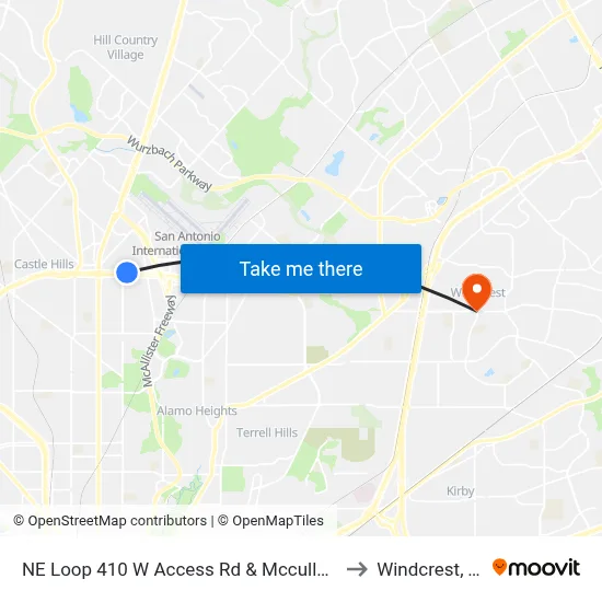 NE Loop 410 W Access Rd & Mccullough to Windcrest, TX map