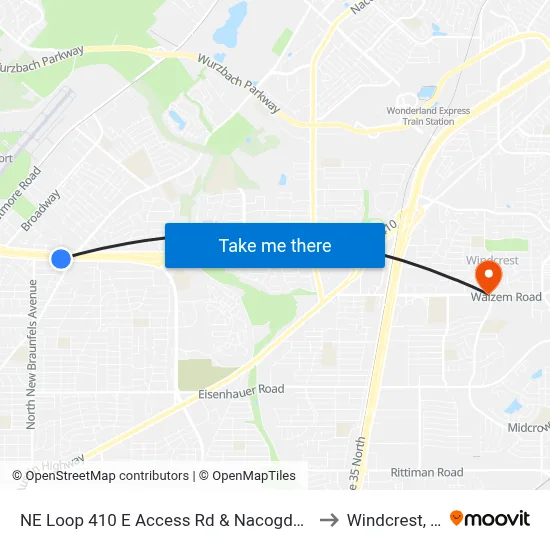 NE Loop 410 E Access Rd & Nacogdoches to Windcrest, TX map