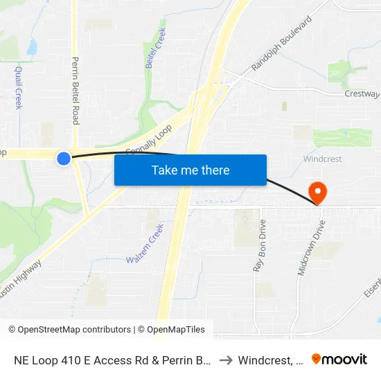 NE Loop 410 E Access Rd & Perrin Beitel to Windcrest, TX map