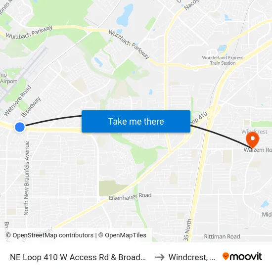 NE Loop 410 W Access Rd & Broadway to Windcrest, TX map