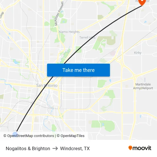 Nogalitos & Brighton to Windcrest, TX map