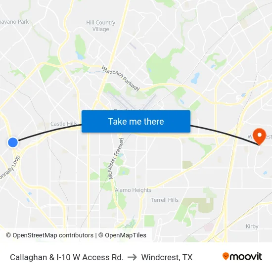 Callaghan & I-10 W Access Rd. to Windcrest, TX map