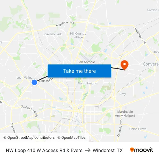 NW Loop 410 W Access Rd & Evers to Windcrest, TX map