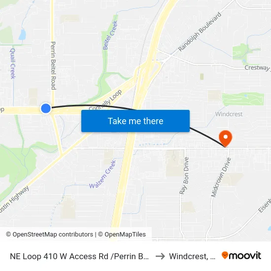 NE Loop 410 W Access Rd /Perrin Beitel to Windcrest, TX map
