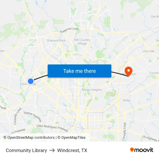 Community Library to Windcrest, TX map