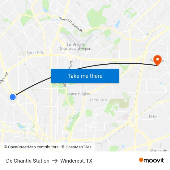 De Chantle Station to Windcrest, TX map