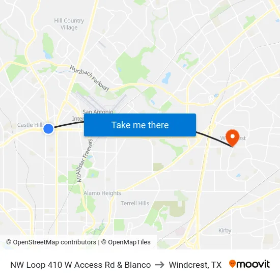 NW Loop 410 W Access Rd & Blanco to Windcrest, TX map