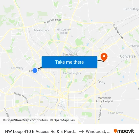NW Loop 410 E Access Rd & E Pierdas to Windcrest, TX map