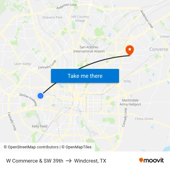 W Commerce & SW 39th to Windcrest, TX map