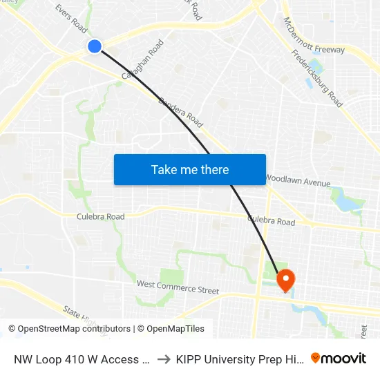 NW Loop 410 W Access Rd & Evers to KIPP University Prep High School map