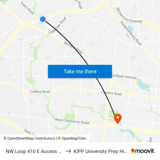 NW Loop 410 E Access Rd & Evers to KIPP University Prep High School map