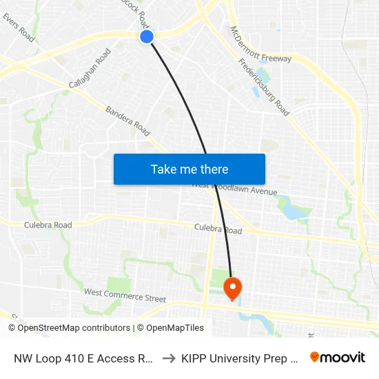 NW Loop 410 E Access Rd & E Pierdas to KIPP University Prep High School map