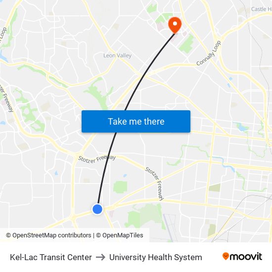 Kel-Lac Transit Center to University Health System map