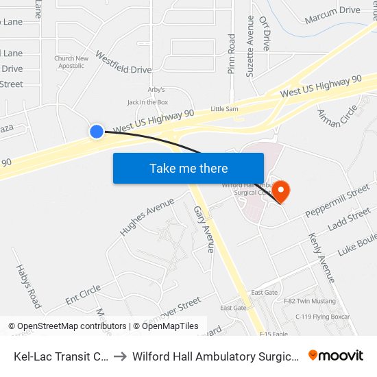 Kel-Lac Transit Center to Wilford Hall Ambulatory Surgical Center map