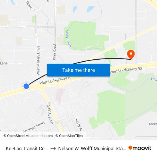 Kel-Lac Transit Center to Nelson W. Wolff Municipal Stadium map