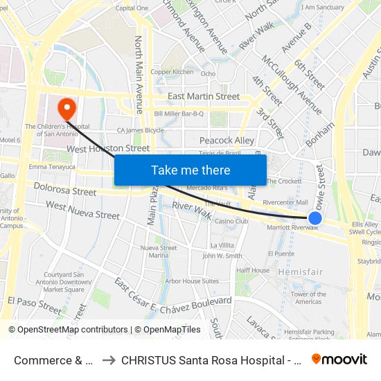 Commerce & Bowie to CHRISTUS Santa Rosa Hospital - City Centre map