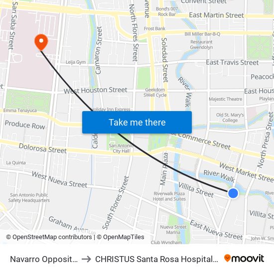 Navarro Opposite Villita to CHRISTUS Santa Rosa Hospital - City Centre map