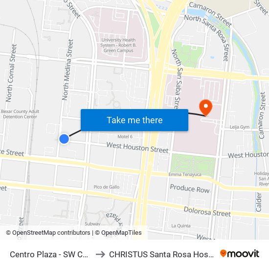 Centro Plaza - SW Corner (Stop A) to CHRISTUS Santa Rosa Hospital - City Centre map