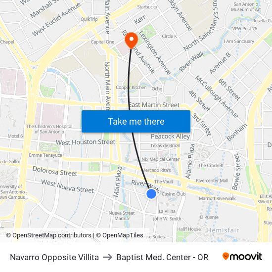 Navarro Opposite Villita to Baptist Med. Center - OR map