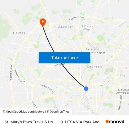 St. Mary's Btwn Travis & Houston to UTSA VIA Park And Ride map