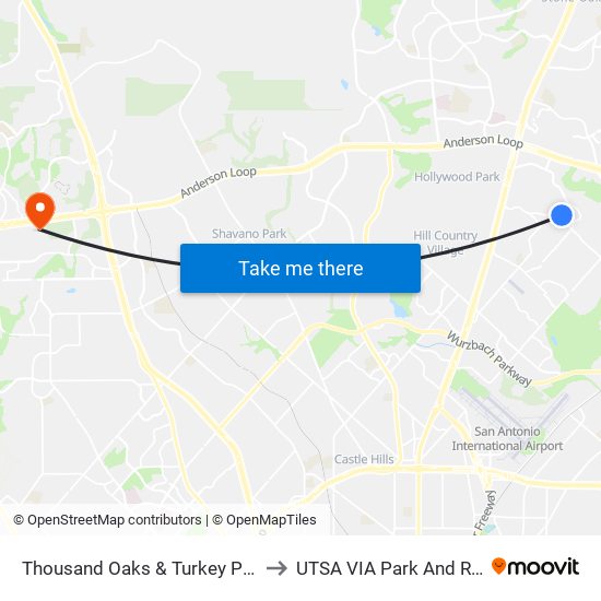 Thousand Oaks & Turkey Point to UTSA VIA Park And Ride map