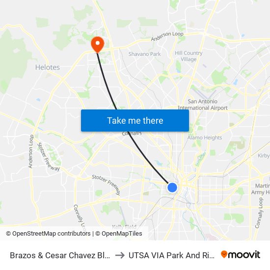 Brazos & Cesar Chavez Blvd to UTSA VIA Park And Ride map